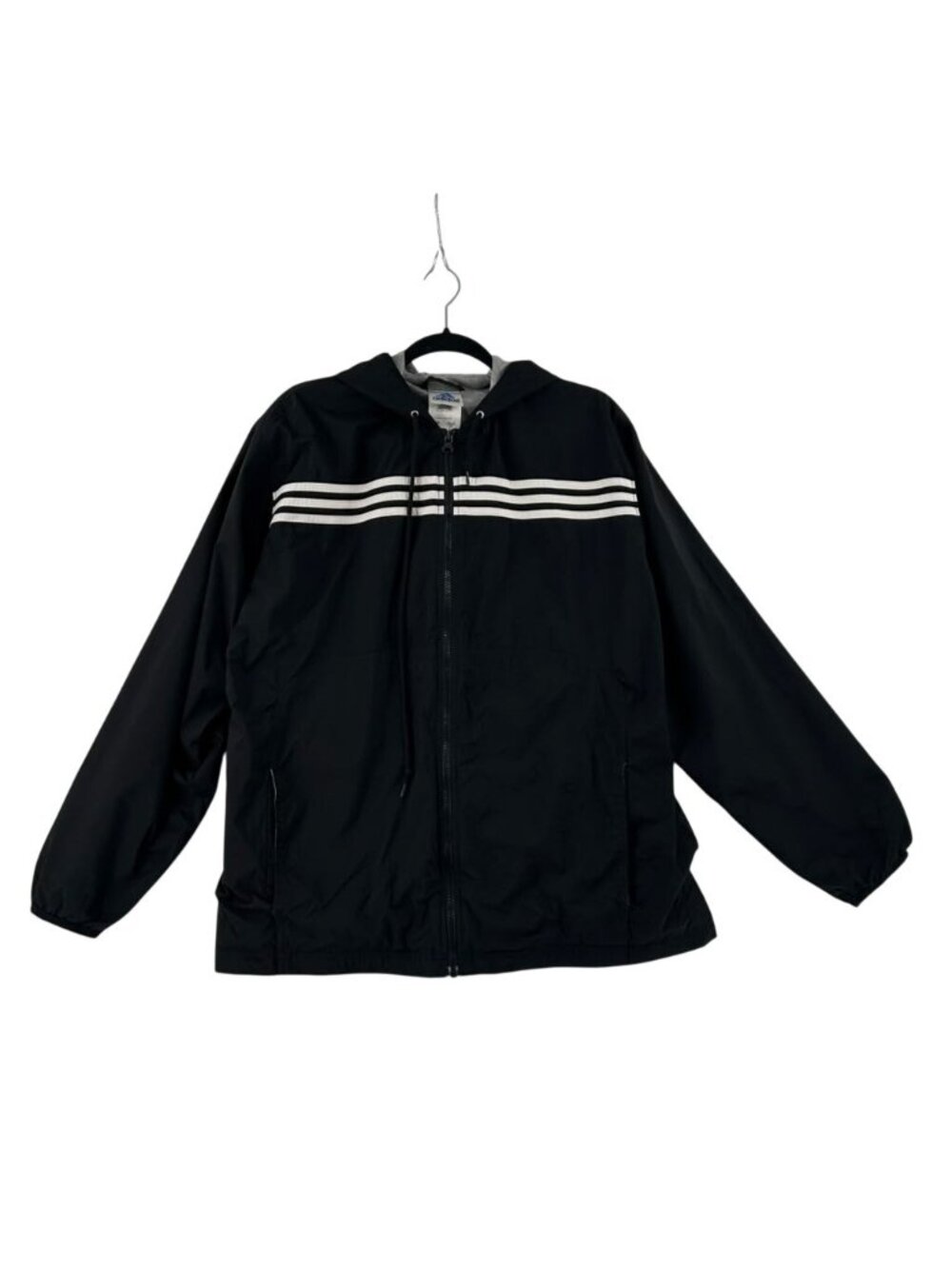 VTG Adidas Track Jacket Women's XL Black With 3 White Stripes Full Zip Hooded